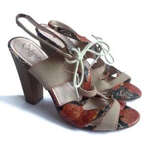 Tracy Reese Annie Snakeskin Block Wooden Chunky Heel Lace Up Strappy Sandal 39.5